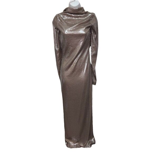 KHY Sequin Maxi Dress Champagne XS Kylie Jenner Long Sleeve Low Back Lined - Picture 15 of 16